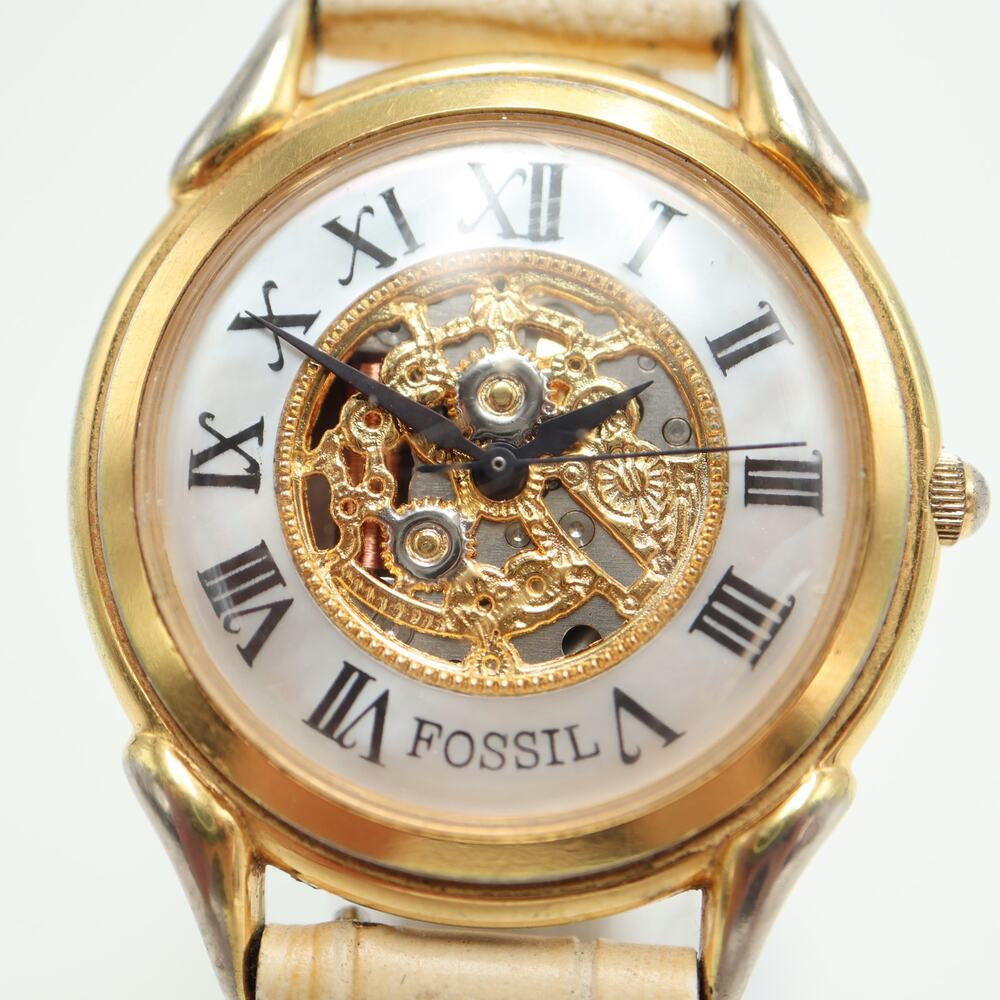 Vintage Fossil Faux Skeleton MOP 34mm Unisex Watch Beige Leather w New Battery - Picture 4 of 15